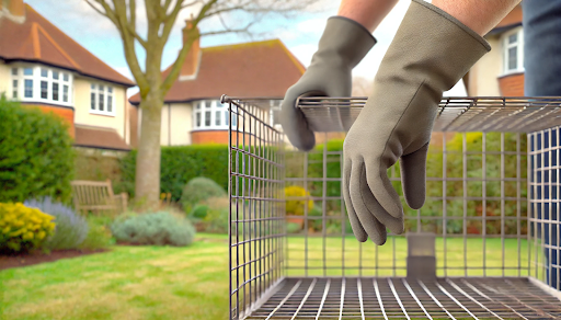 Wildlife control specialist setting a humane trap to relocate a squirrel safely
