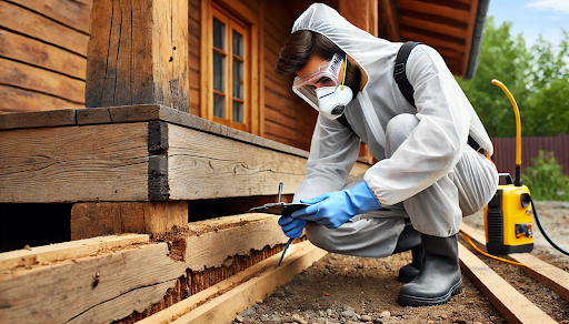 Pest control technician inspecting a home's foundation for termite activity