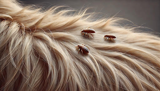 Close up image of a flea on a pet's fur, illustrating common signs of infestation.