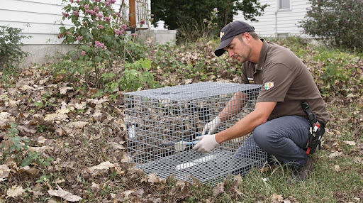 Wildlife expert carefully setting a humane trap for near a residential property